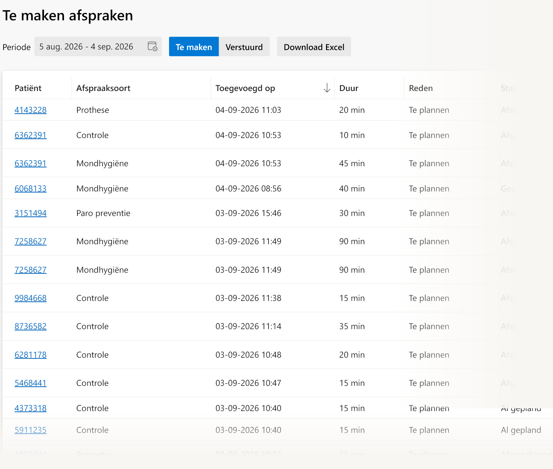 Overzicht te maken afspraken met status en verstuurknop